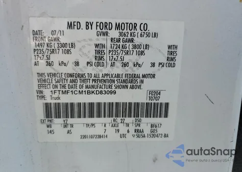 2011 Ford F150 from USA, damaged, VIN 1FTMF1CM1BKD83099